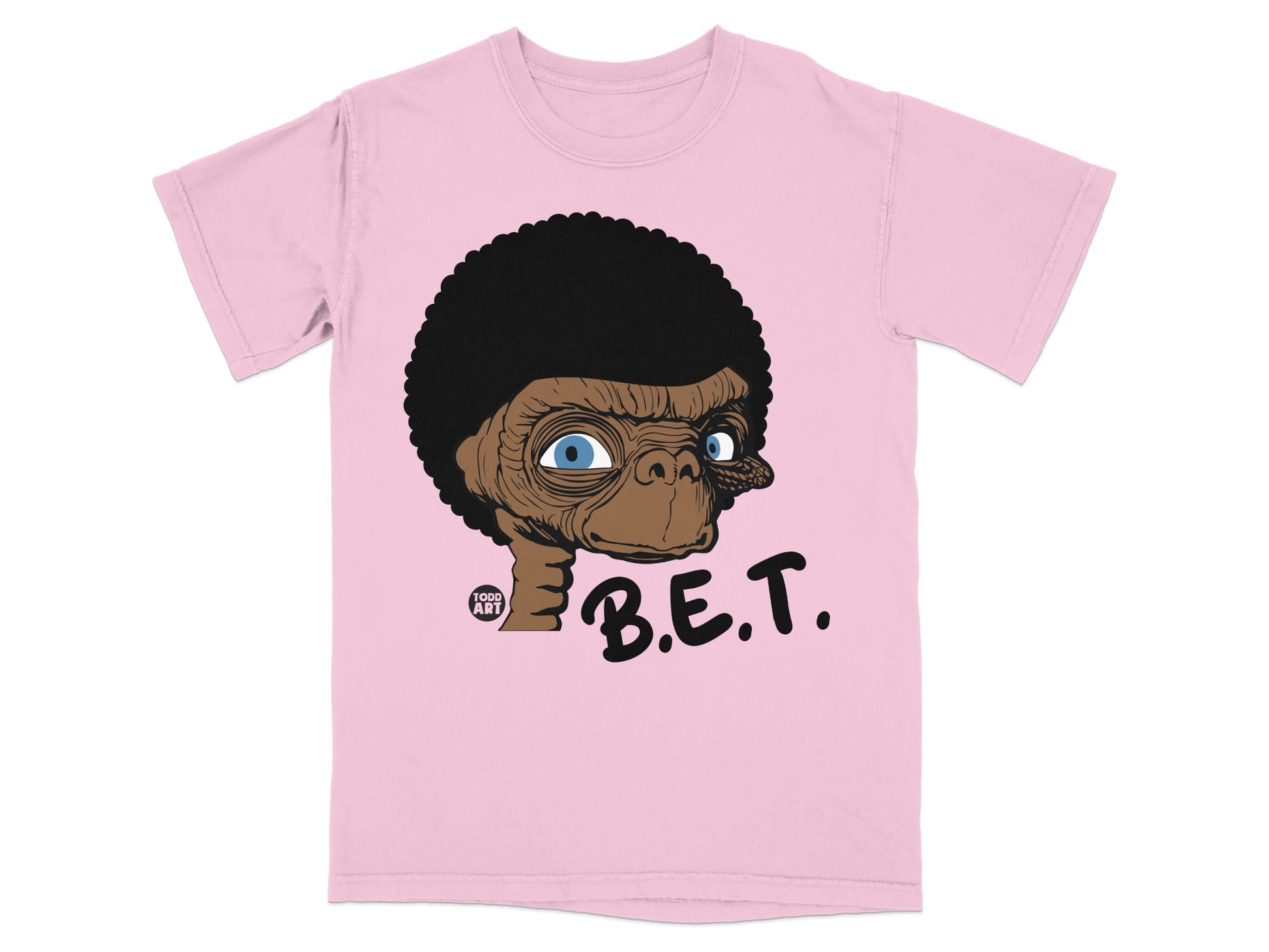 Pink t-shirt with E.T. head graphic and "B.E.T." text.