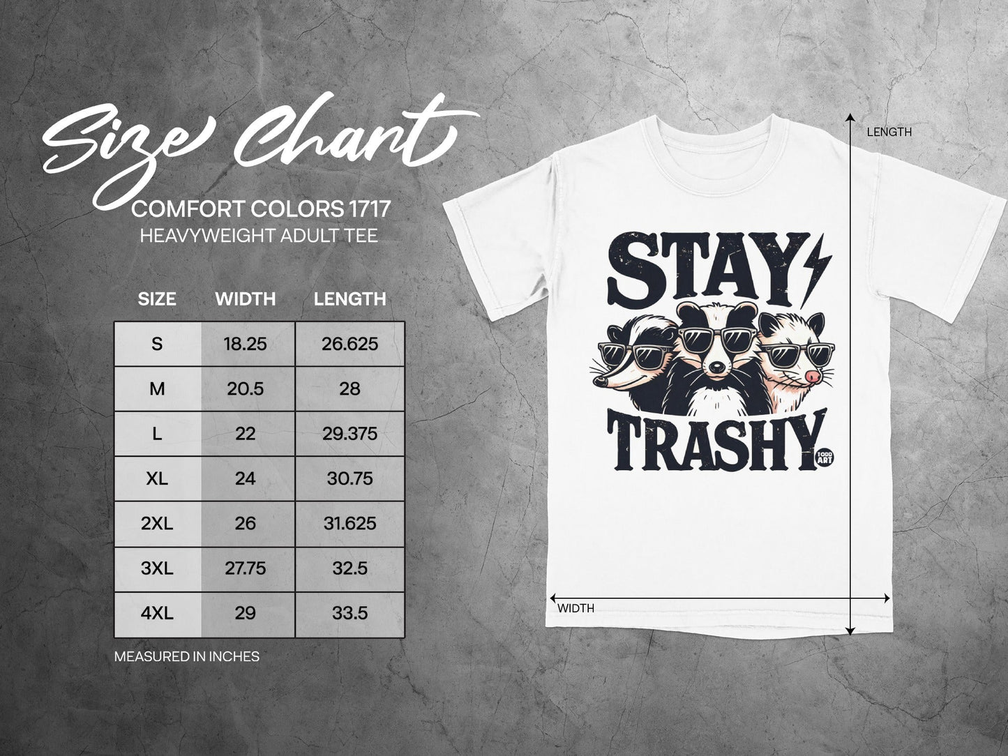 Size chart for Comfort Colors 1717 heavyweight adult tee with measurements.