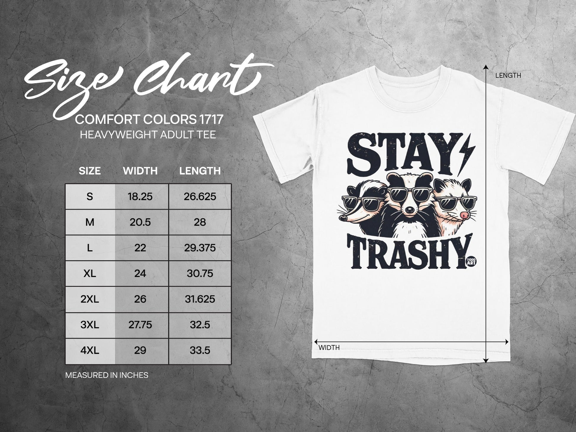 Size chart for Comfort Colors 1717 heavyweight adult tee with measurements.