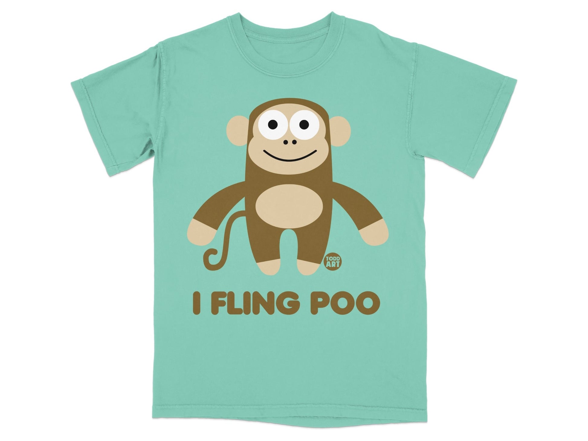 Teal t-shirt with cartoon monkey and text "I FLING POO".