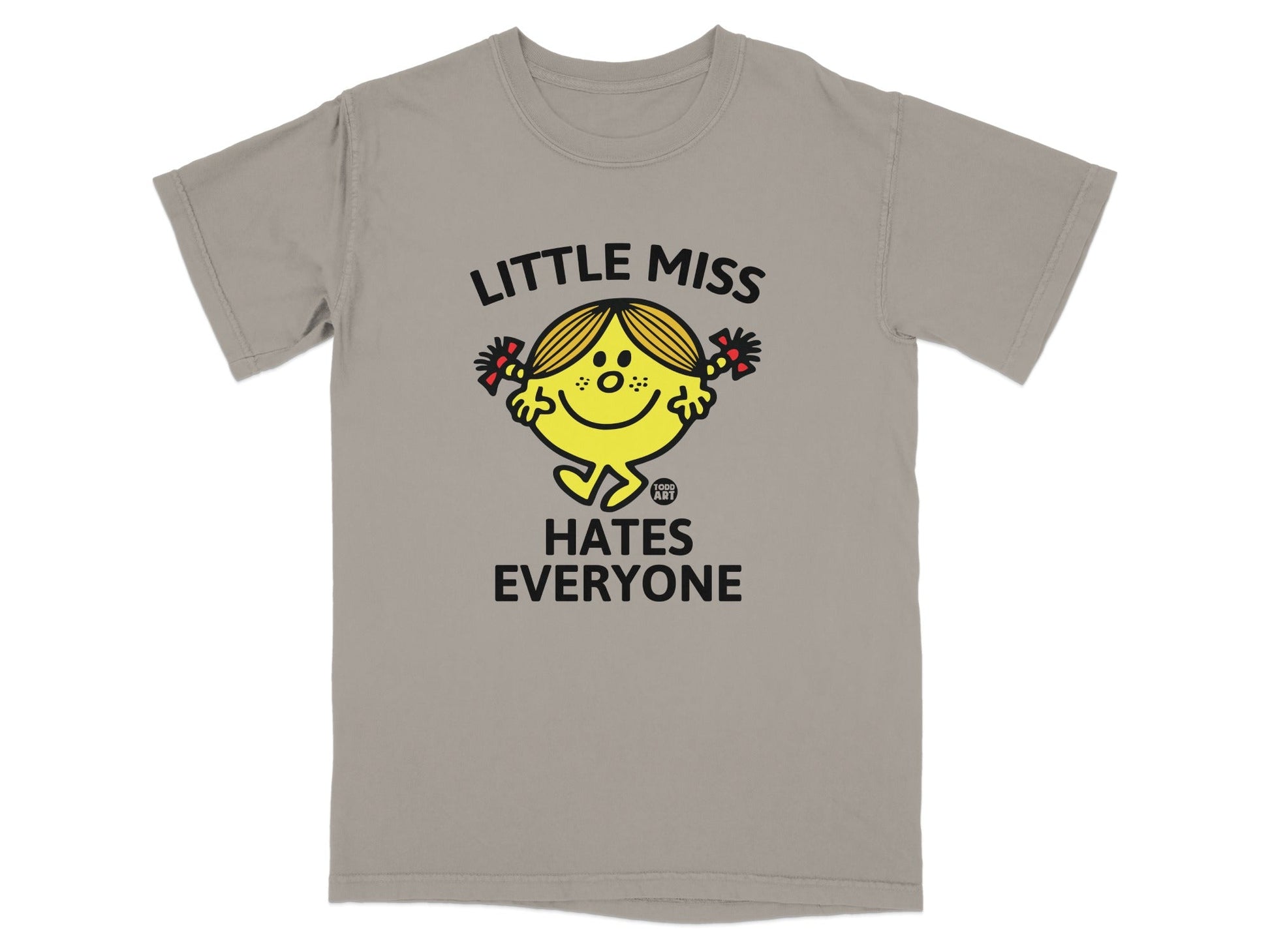 Gray t-shirt with "Little Miss Hates Everyone" text and cartoon character.