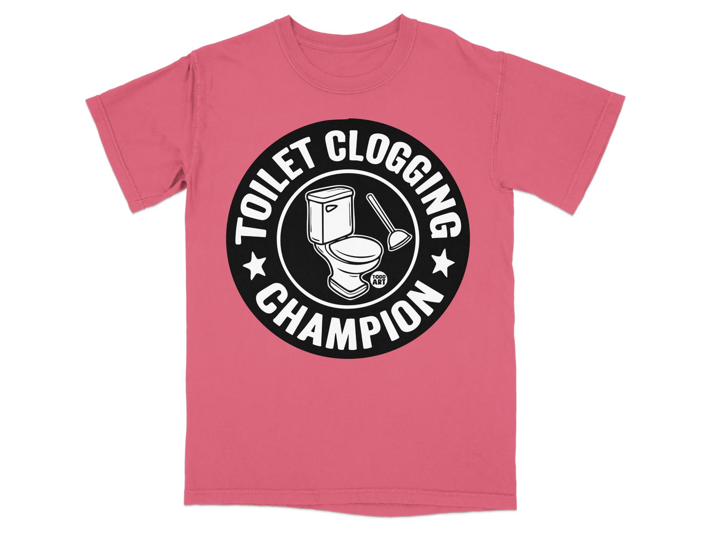 Champion toilet clogging graphic on a pink t-shirt.