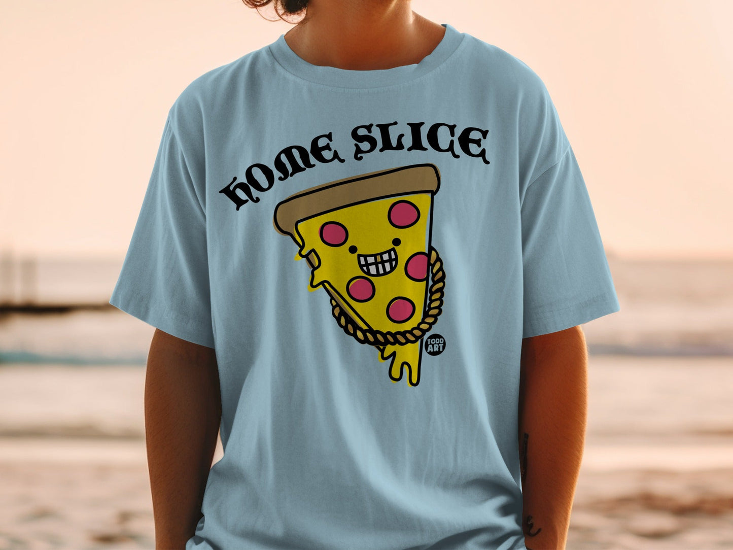 Light blue t-shirt with a cartoon pizza slice wearing a gold chain.