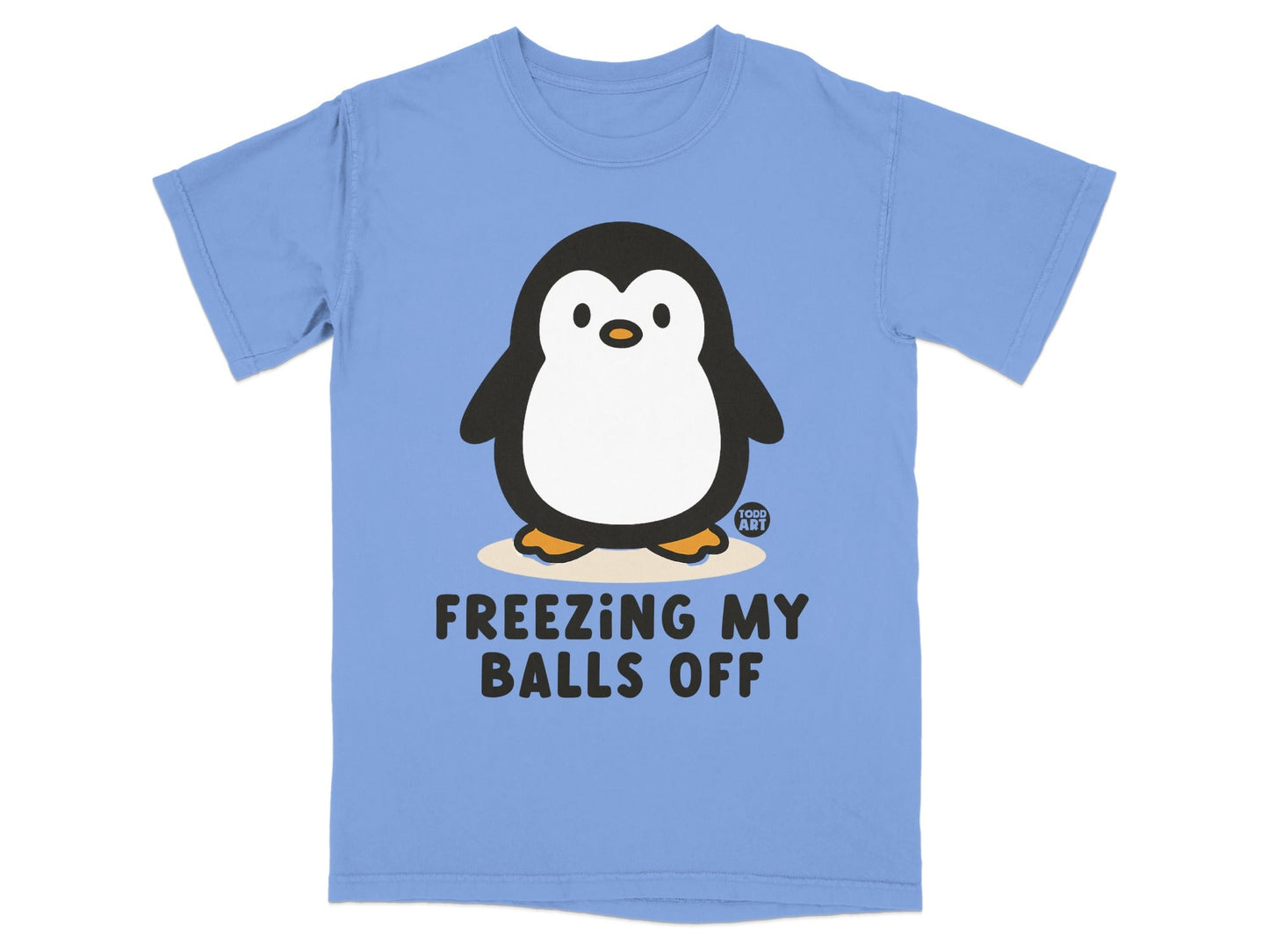 Blue t-shirt with a cartoon penguin and text "FREEZING MY BALLS OFF".