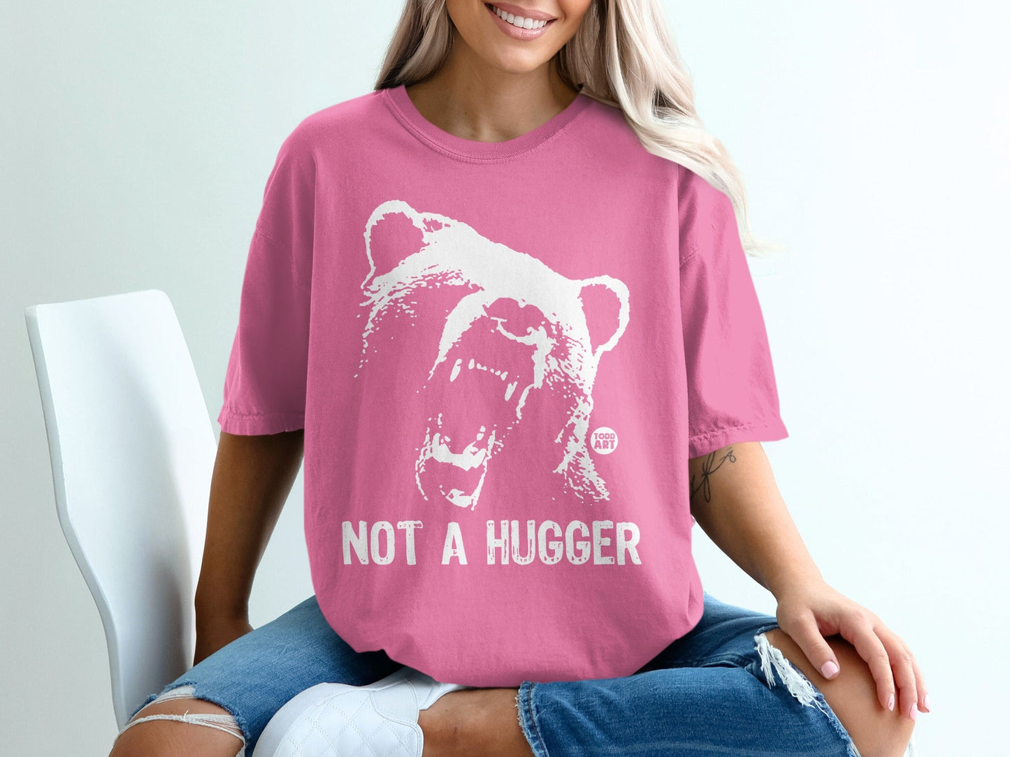 Not A Hugger Graphic Pink Shirt with Bear Print