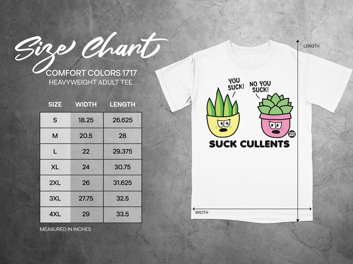 Size chart for Comfort Colors 1717 heavyweight adult tee with cartoon plants.