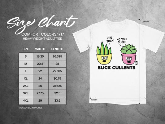Size chart for Comfort Colors 1717 heavyweight adult tee with cartoon plants.