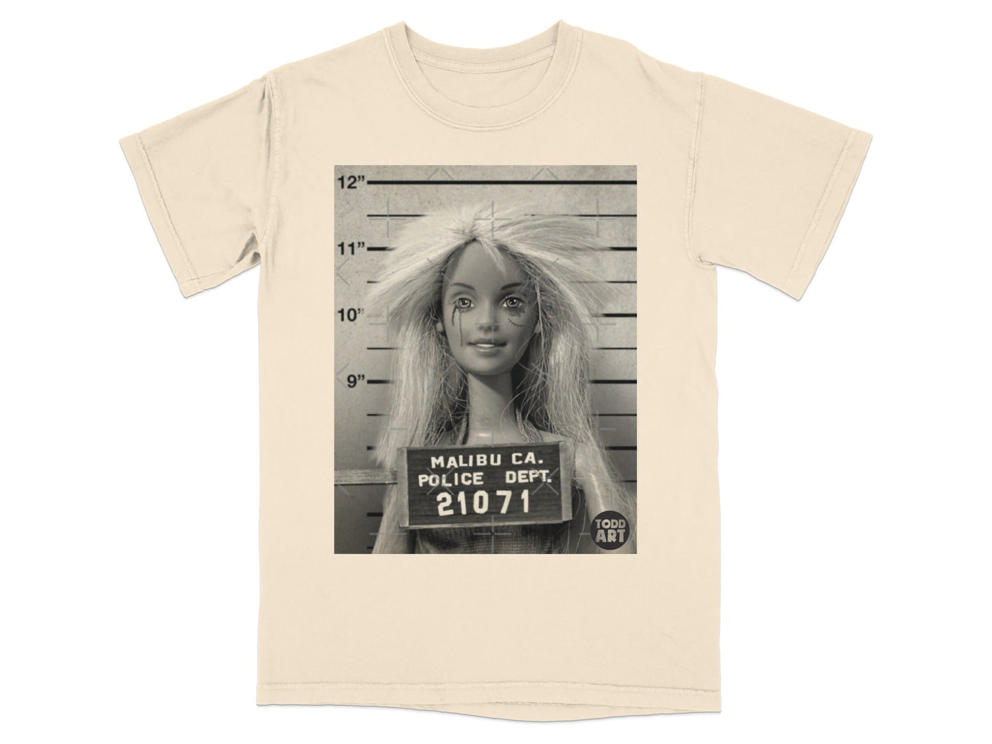 Barbie mugshot with "Malibu Ca. Police Dept. 21071" text.