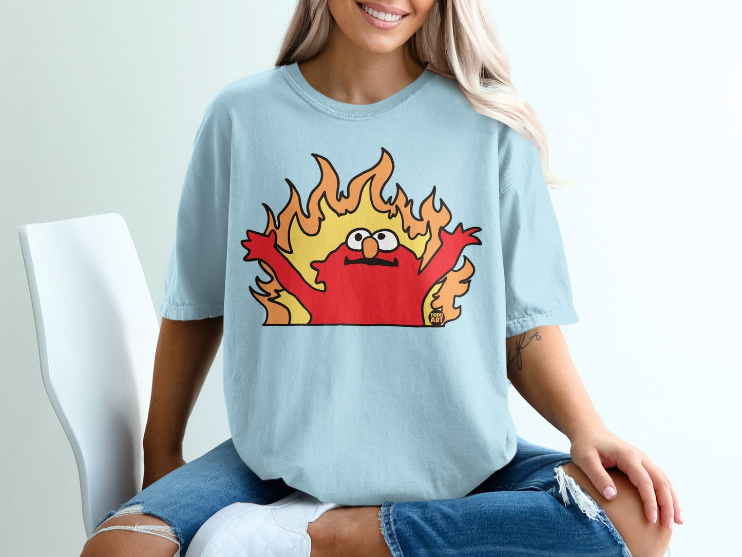 Elmo t-shirt with flames and text.