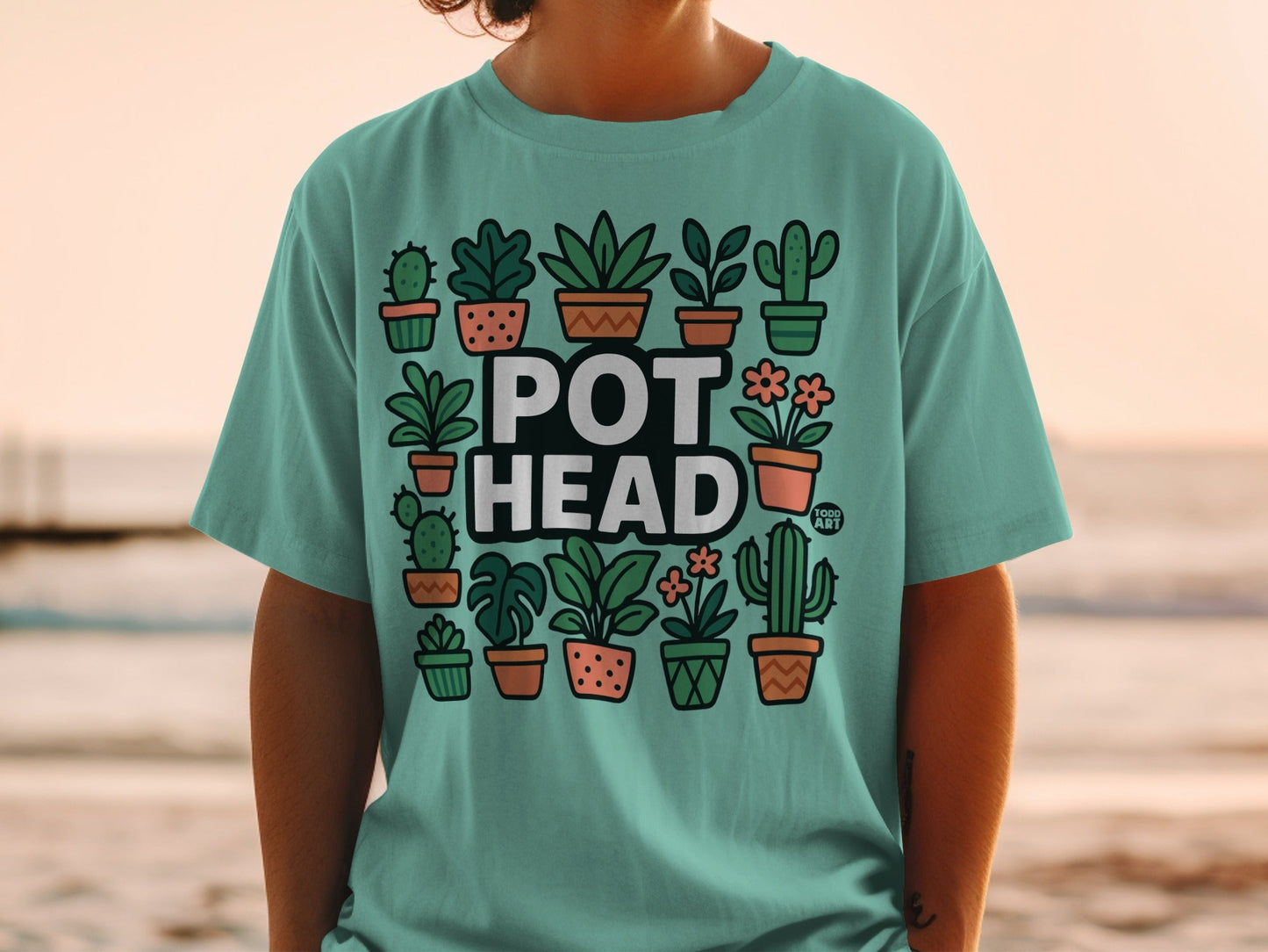 Teal t-shirt with "Pot Head" and assorted potted plants graphic.