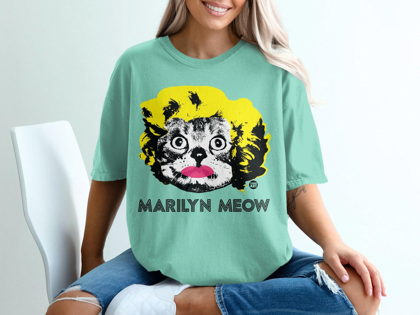 Marilyn Meow Graphic Tee shirt features Unique Cat Design
