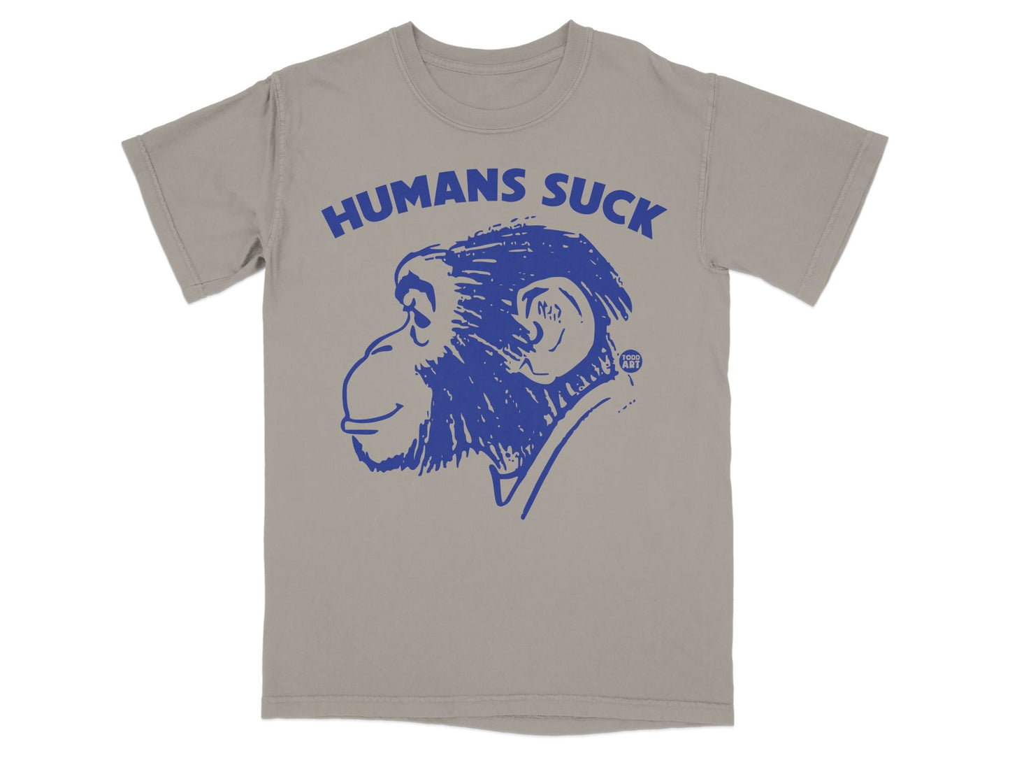 Grey t-shirt with a blue monkey illustration and "HUMANS SUCK" text.