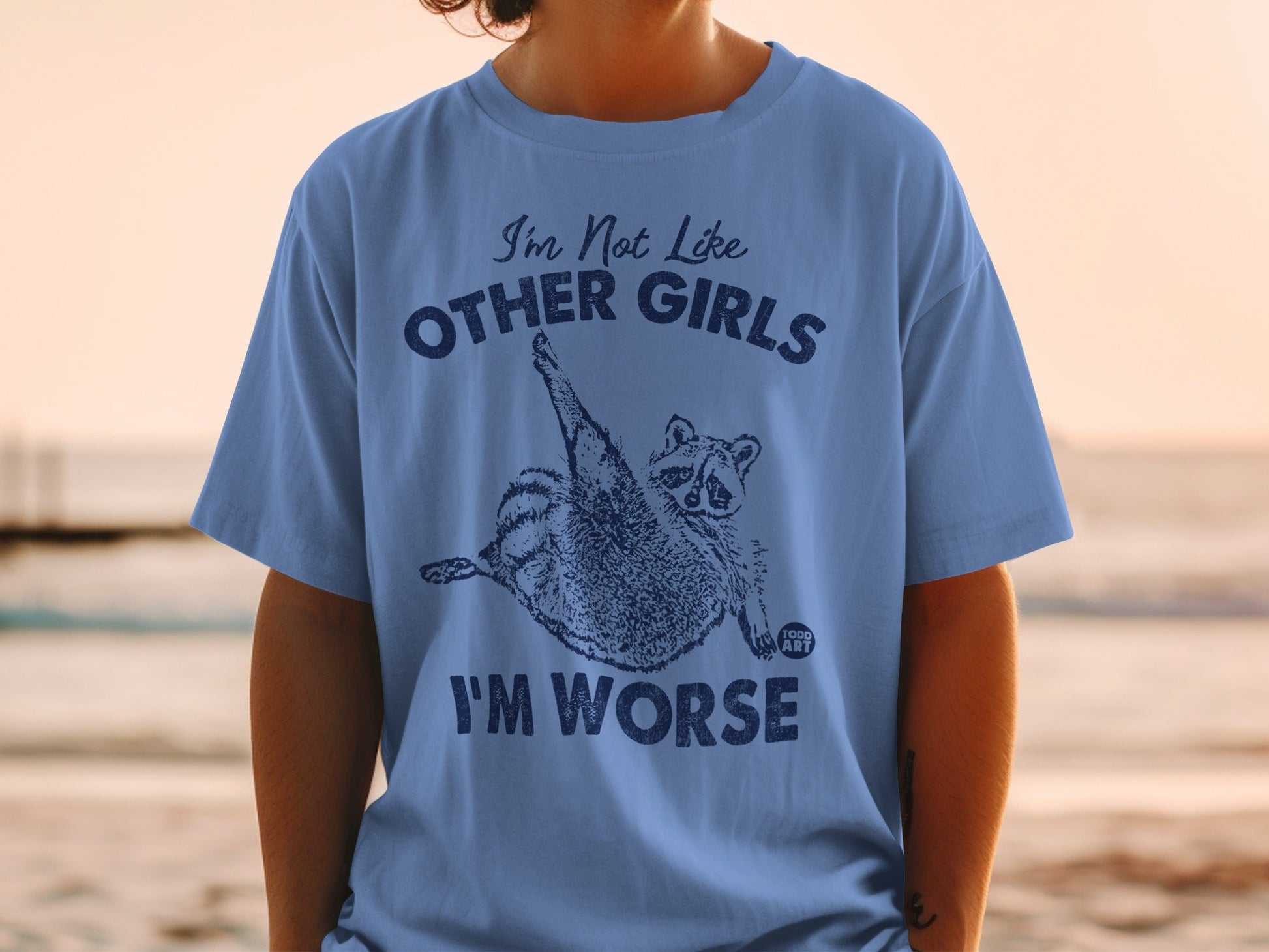 Blue t-shirt with a raccoon graphic and text "I'm Not Like Other Girls I'm Worse".