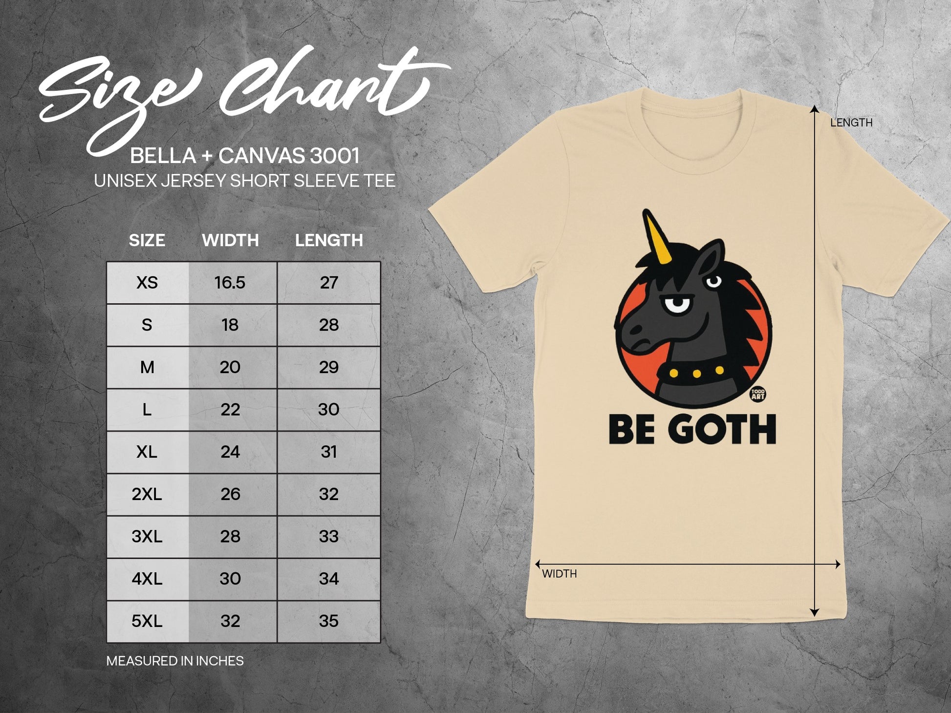 Black Unicorn Be Goth Shirt Size Chart Tee