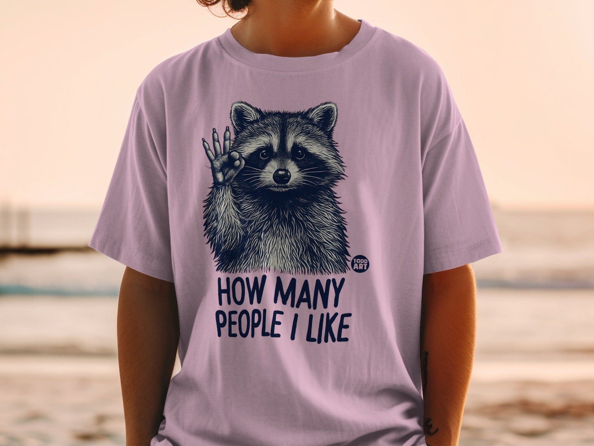 Purple t-shirt with raccoon giving a thumbs up and text "HOW MANY PEOPLE I LIKE".