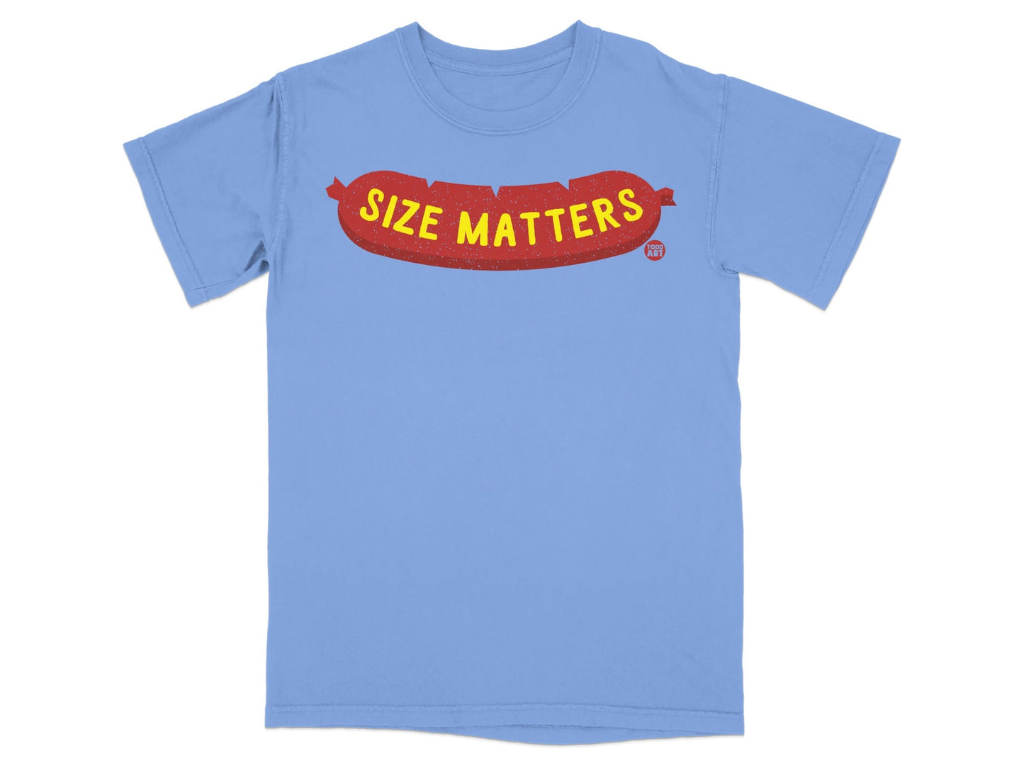 Light blue t-shirt with red sausage graphic and "Size Matters" text.