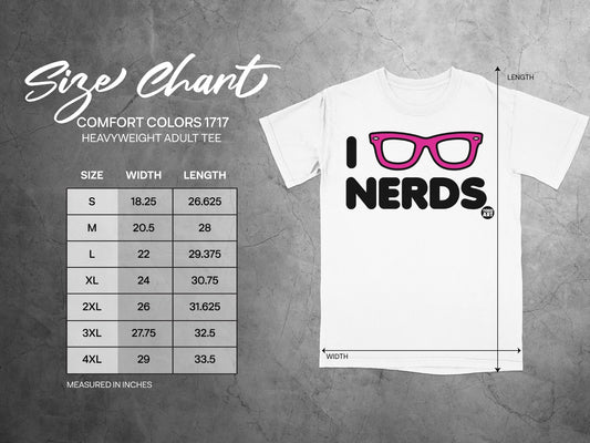 Comfort Colors 1717 heavyweight adult tee size chart with measurements in inches.