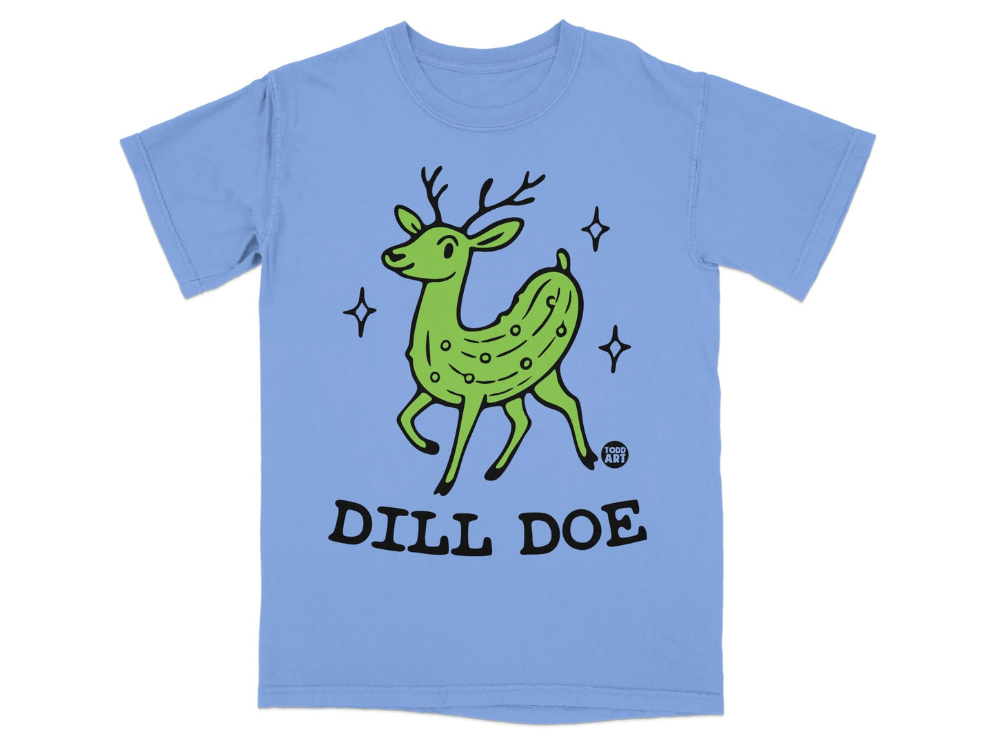 Blue t-shirt with a cartoon dill pickle deer graphic and "DILL DOE" text.