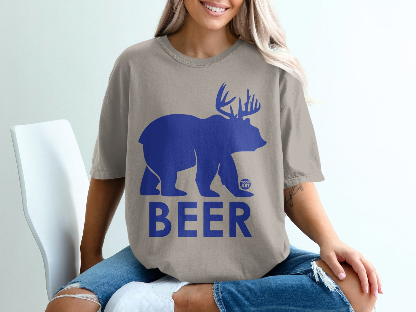 Funny Blue Beer Bear Antlers Graphic T-Shirt