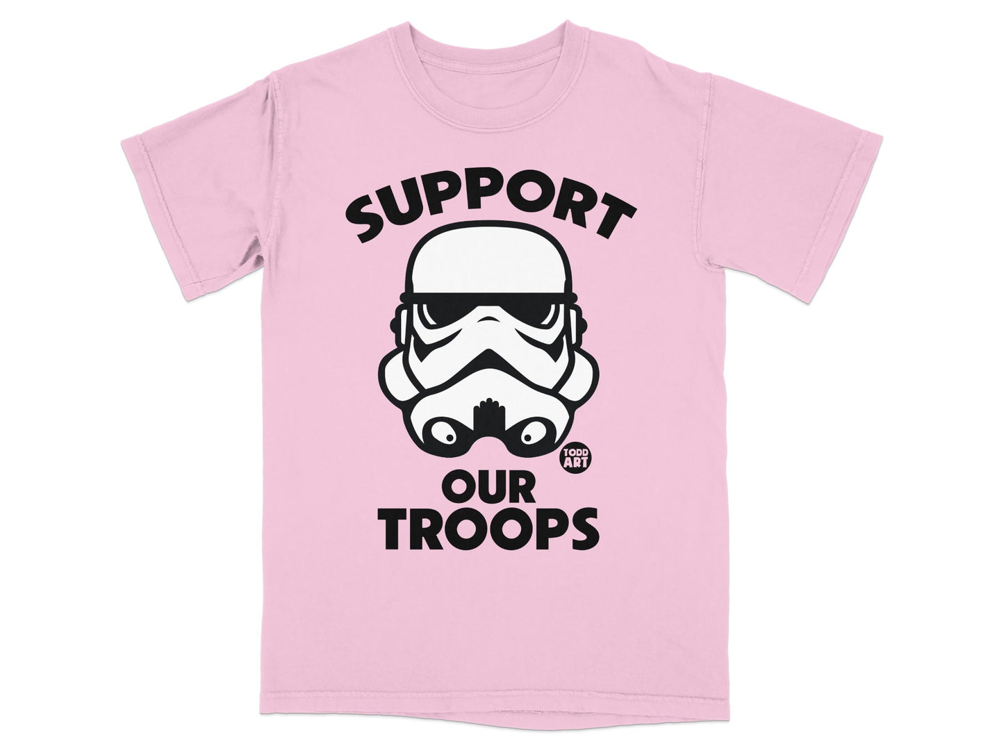 Pink t-shirt with a Stormtrooper helmet and "SUPPORT OUR TROOPS" text.