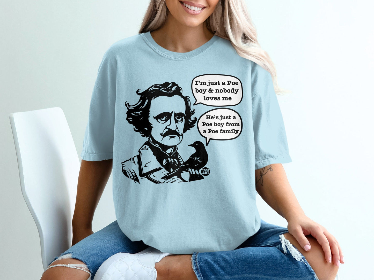 Illustration of Edgar Allan Poe with speech bubbles and a raven.