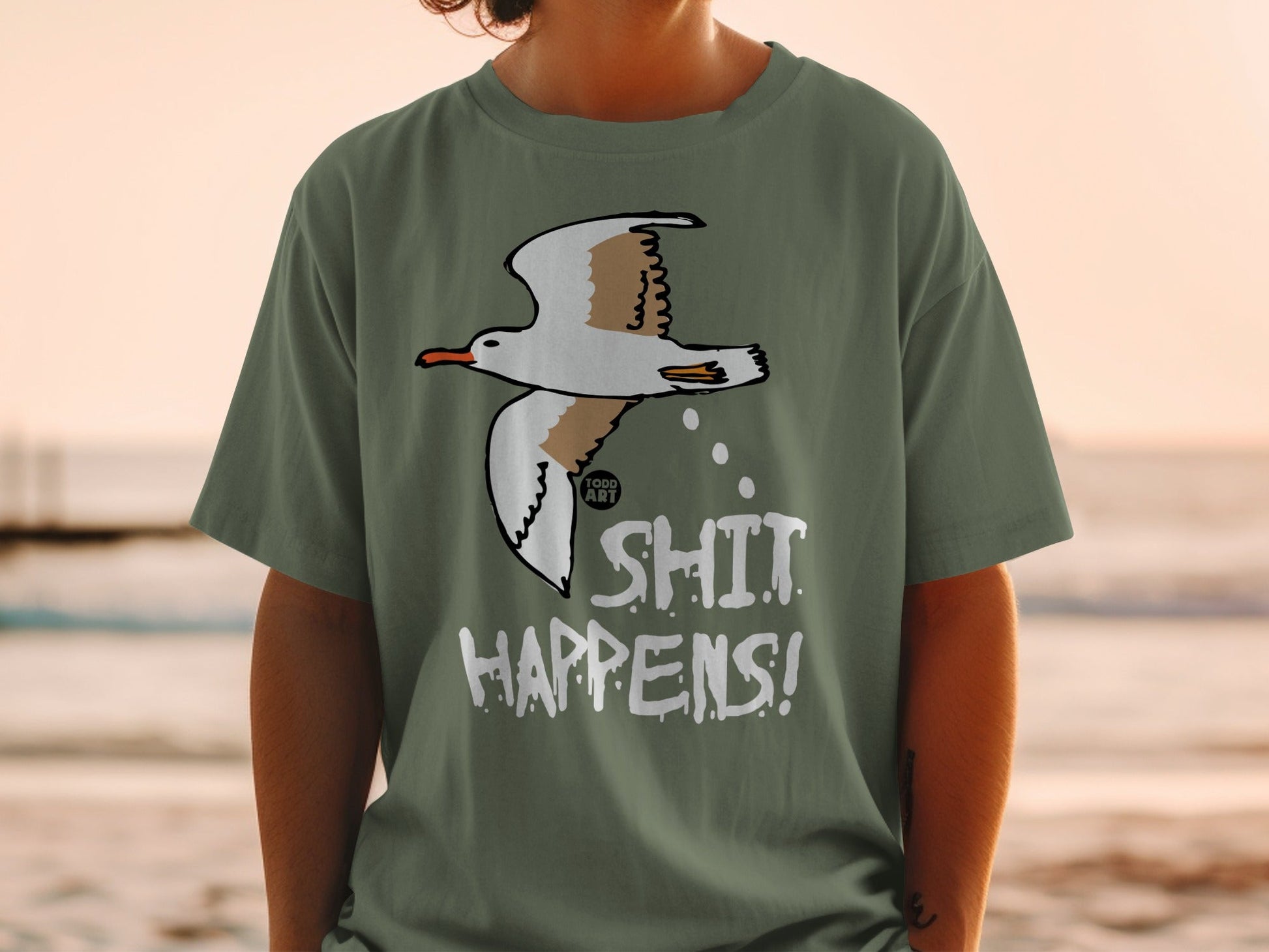 Shit Happens Seagull Graphic T-Shirt Casual Tee
