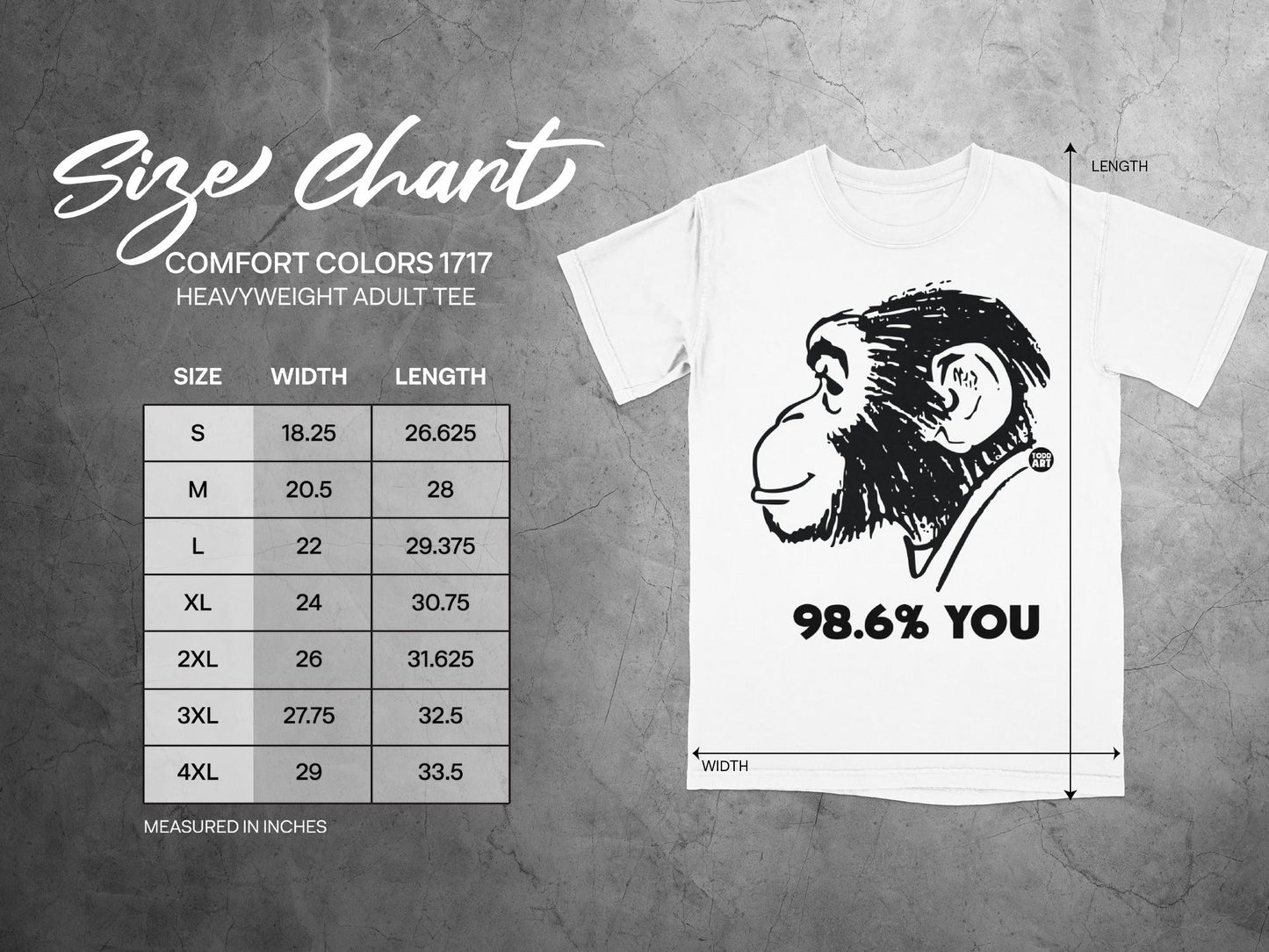 Size chart with measurements for Comfort Colors 1717 heavyweight adult tee.