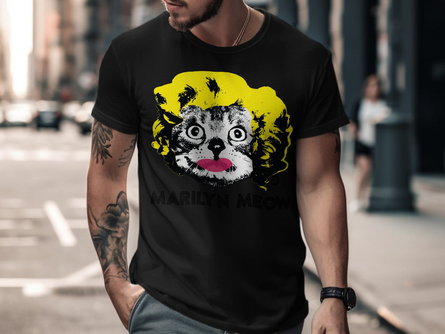 Marilyn Meow Cat Graphic Black Tee Shirt