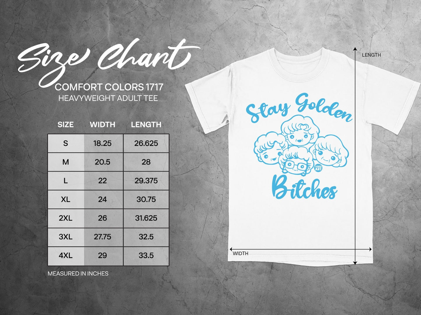 Comfort Colors 1717 Heavyweight Adult Tee size chart with dimensions.