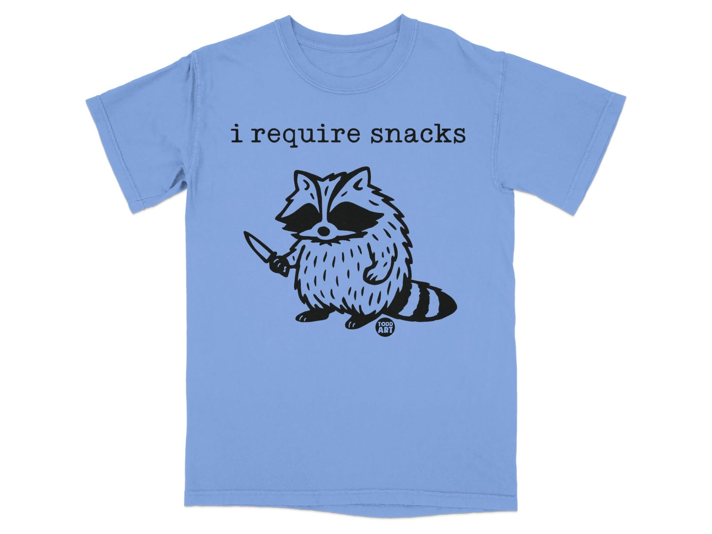 Raccoon holding a knife with text "i require snacks" above.