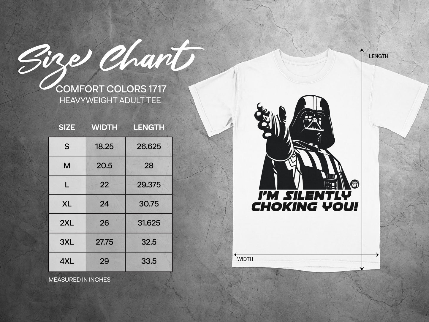 Size chart for a heavyweight adult tee, featuring Darth Vader graphic.