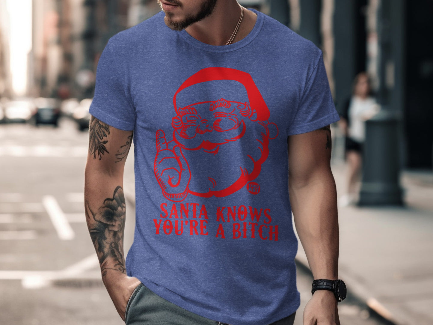 Santa Knows You're A Bitch Blue T-shirt product
