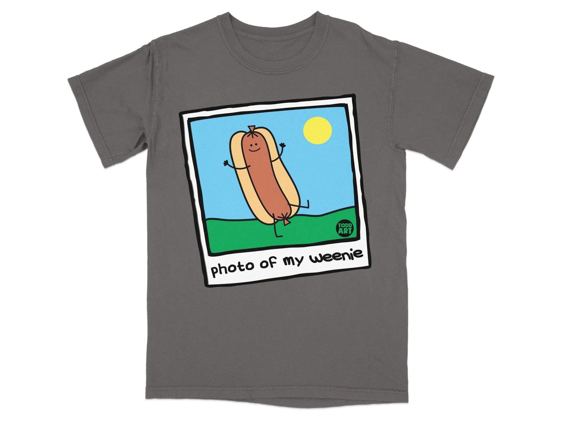 T-shirt with cartoon hot dog in a bun with "photo of my weenie" text.