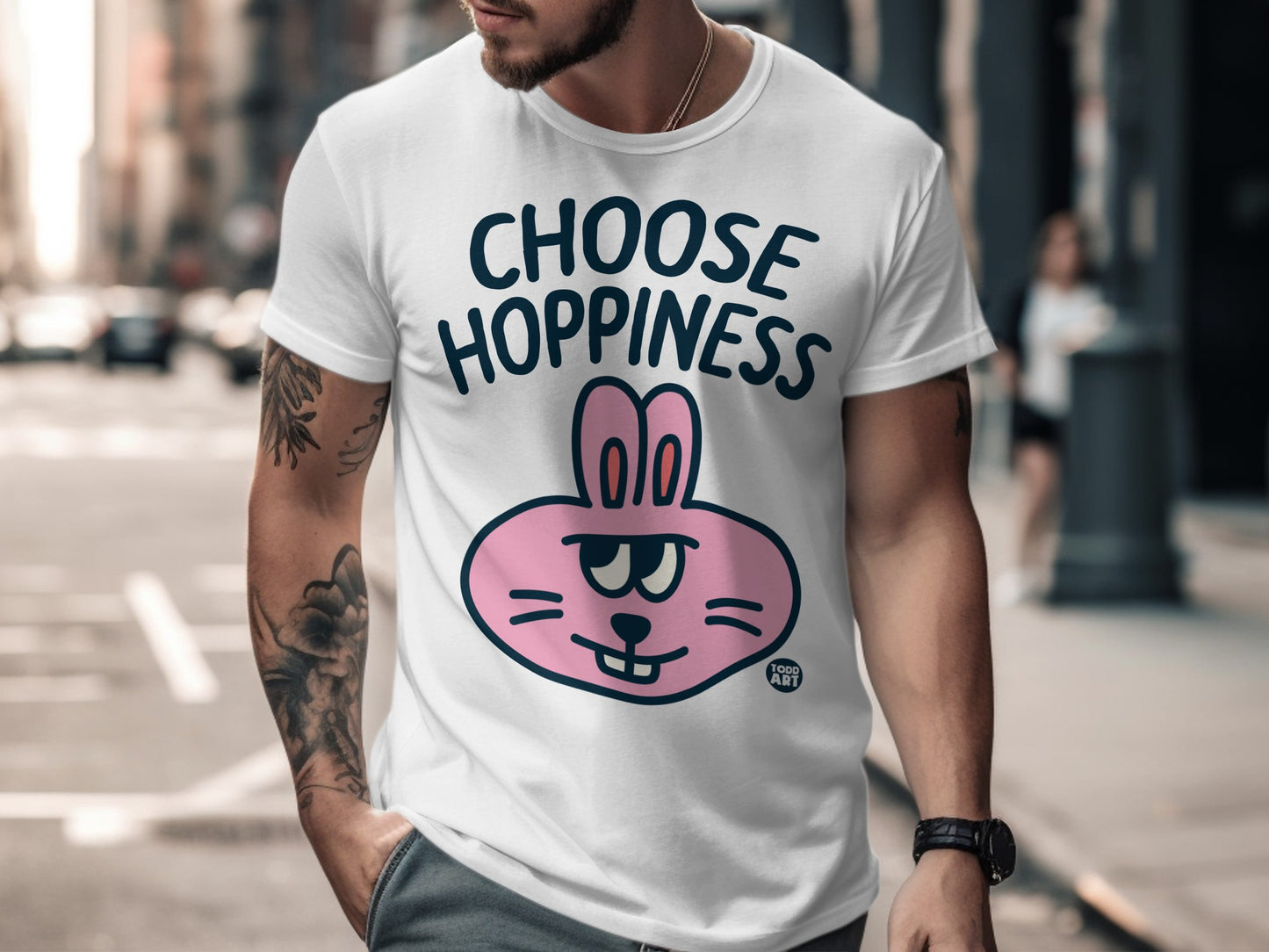 Choose Hoppiness Graphic Tee with Pink Bunny Print
