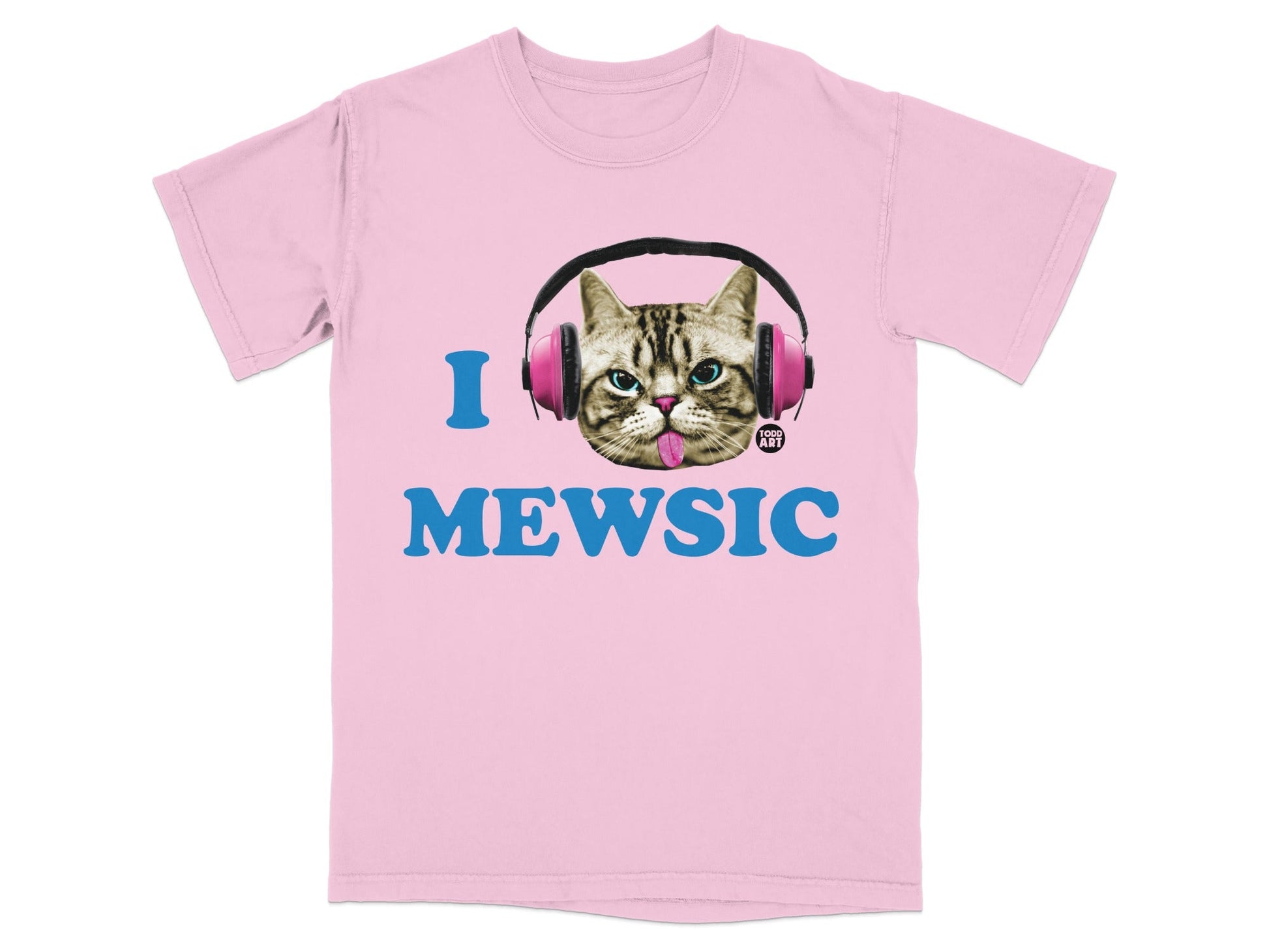 Pink t-shirt with "I MEOWSIC" and a cat wearing headphones.