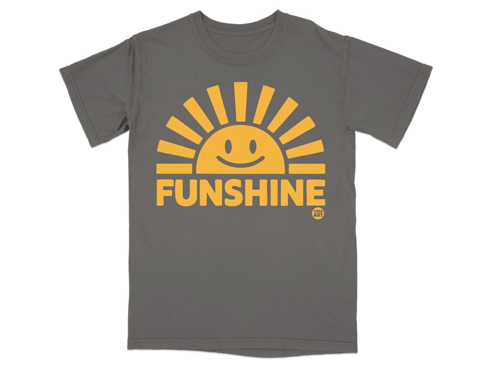 Gray t-shirt with yellow sun graphic and "FUNSHINE GOOD ART" text.