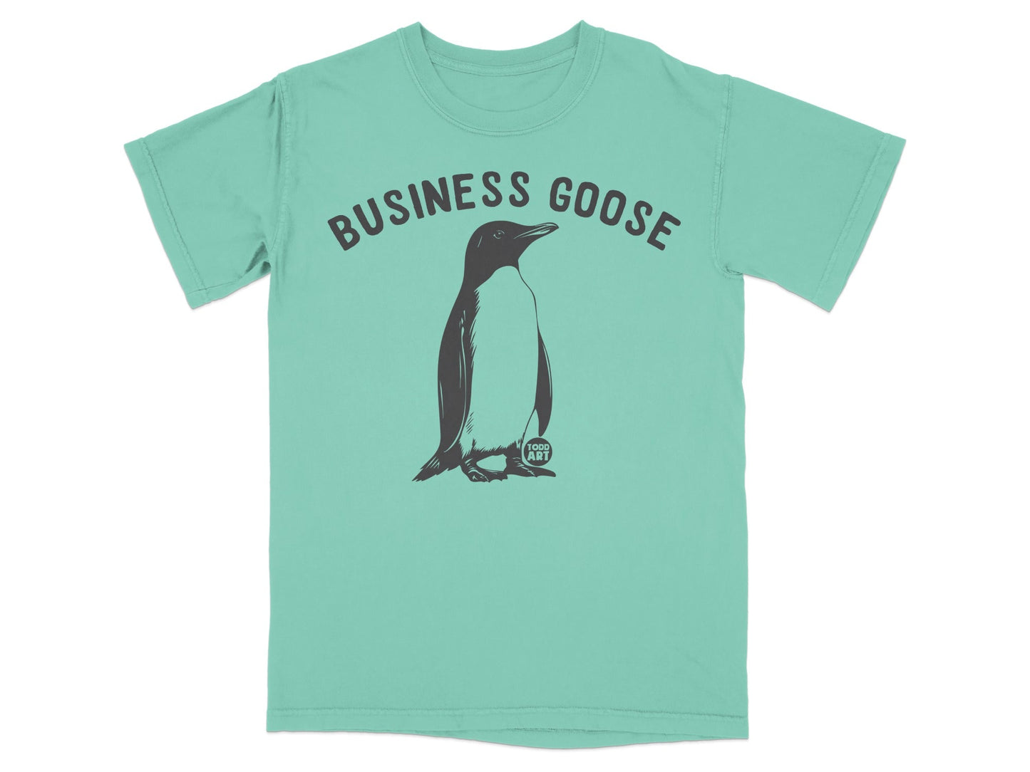 Teal t-shirt with a penguin wearing a tie, reading "BUSINESS GOOSE 1000 ART".