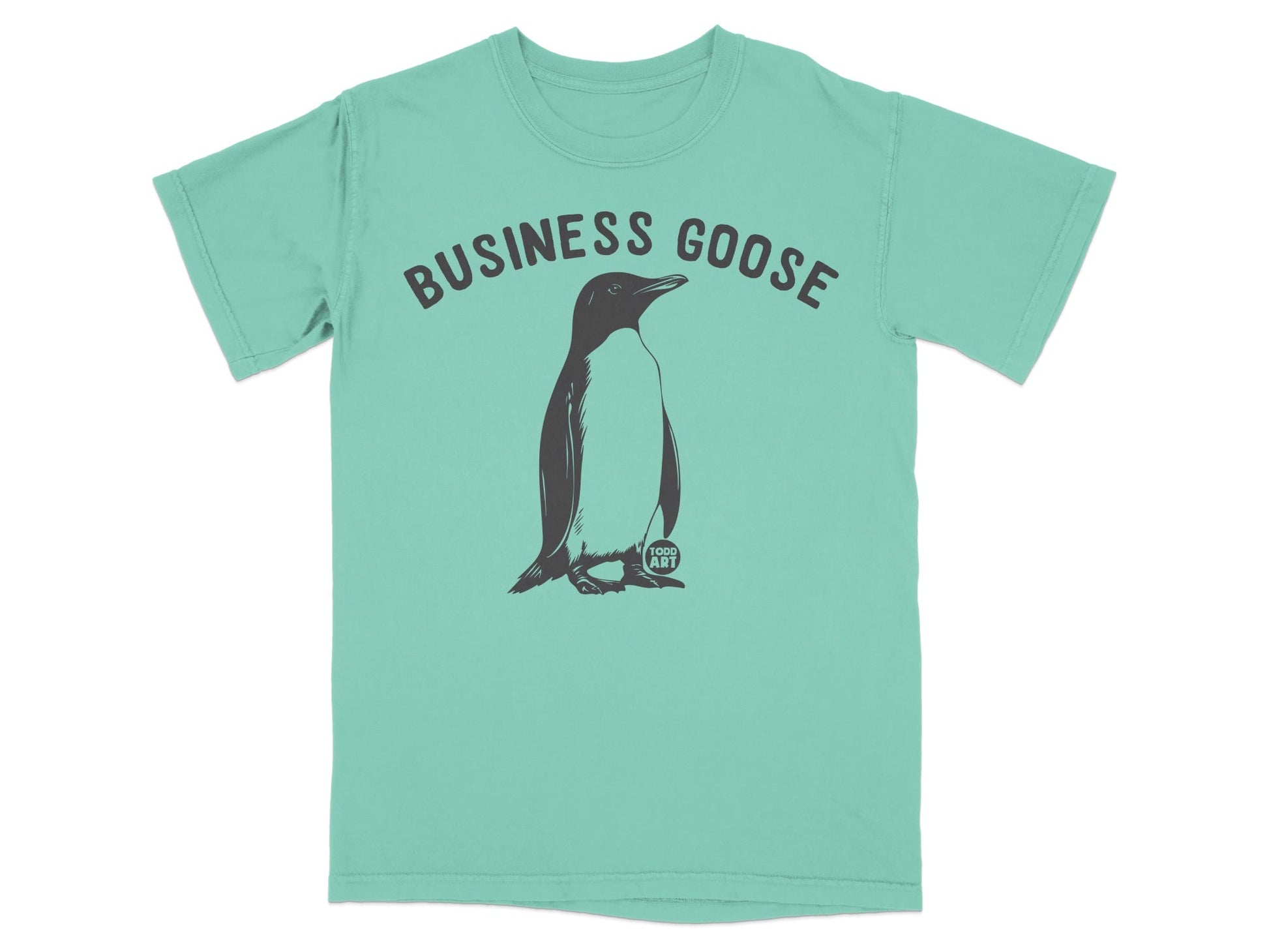 Teal t-shirt with a penguin wearing a tie, reading "BUSINESS GOOSE 1000 ART".