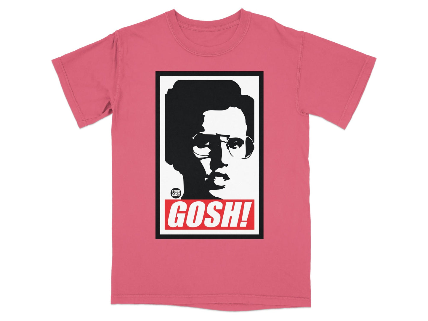 Pink t-shirt with a black and white portrait and "GOSH!" text.