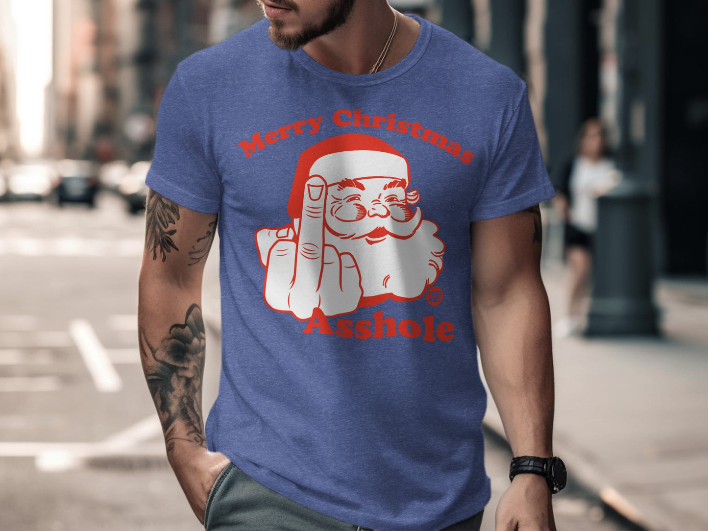 Merry Christmas Santa Middle Finger Blue T-shirt