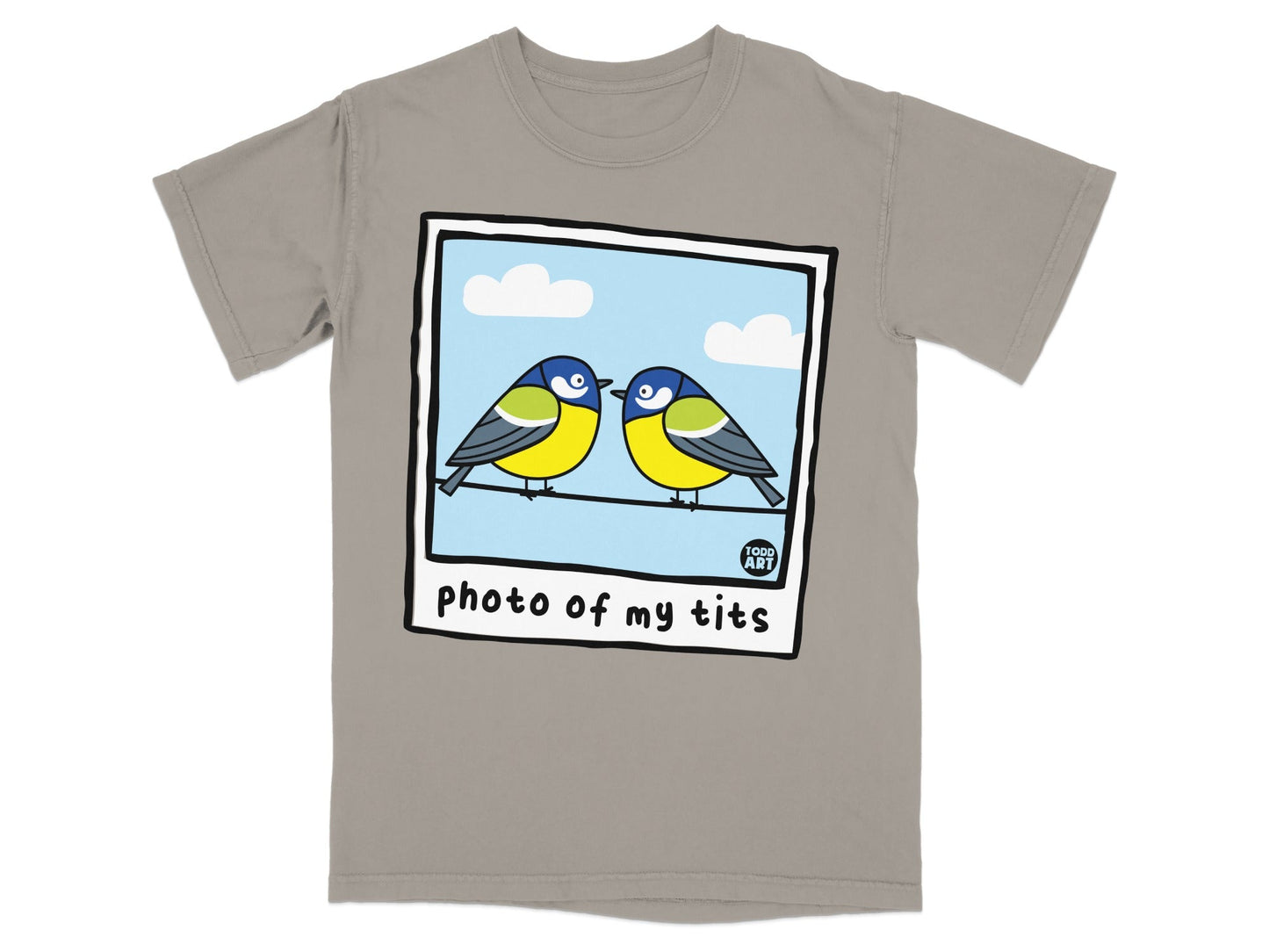 T-shirt with cartoon birds on a wire, reading "Photo of my tits".