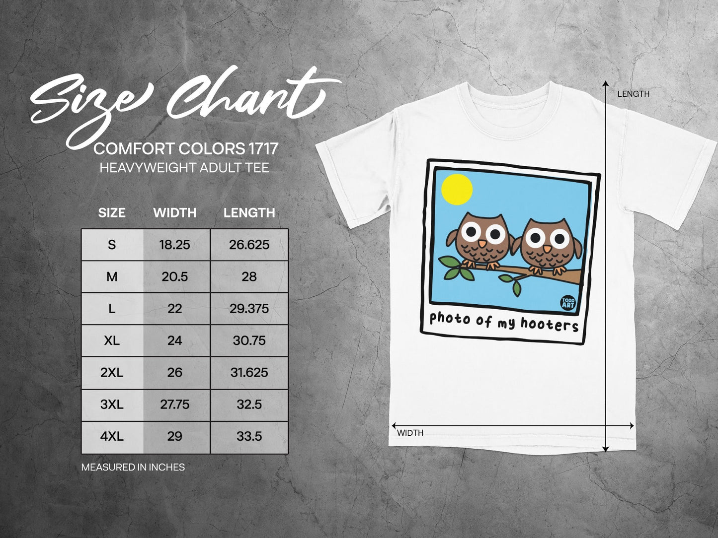 Size chart for Comfort Colors 1717 heavyweight adult tee with owl graphic.