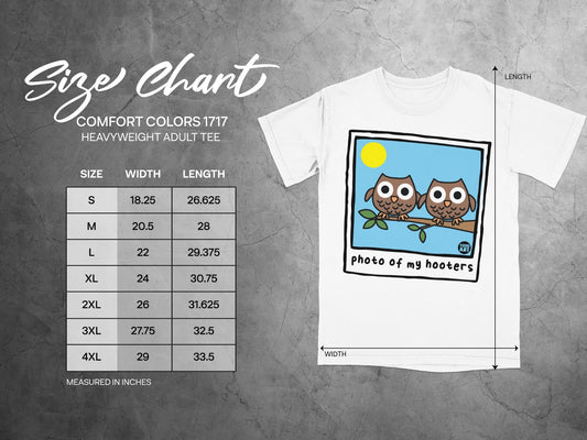 Size chart for Comfort Colors 1717 heavyweight adult tee with owl graphic.