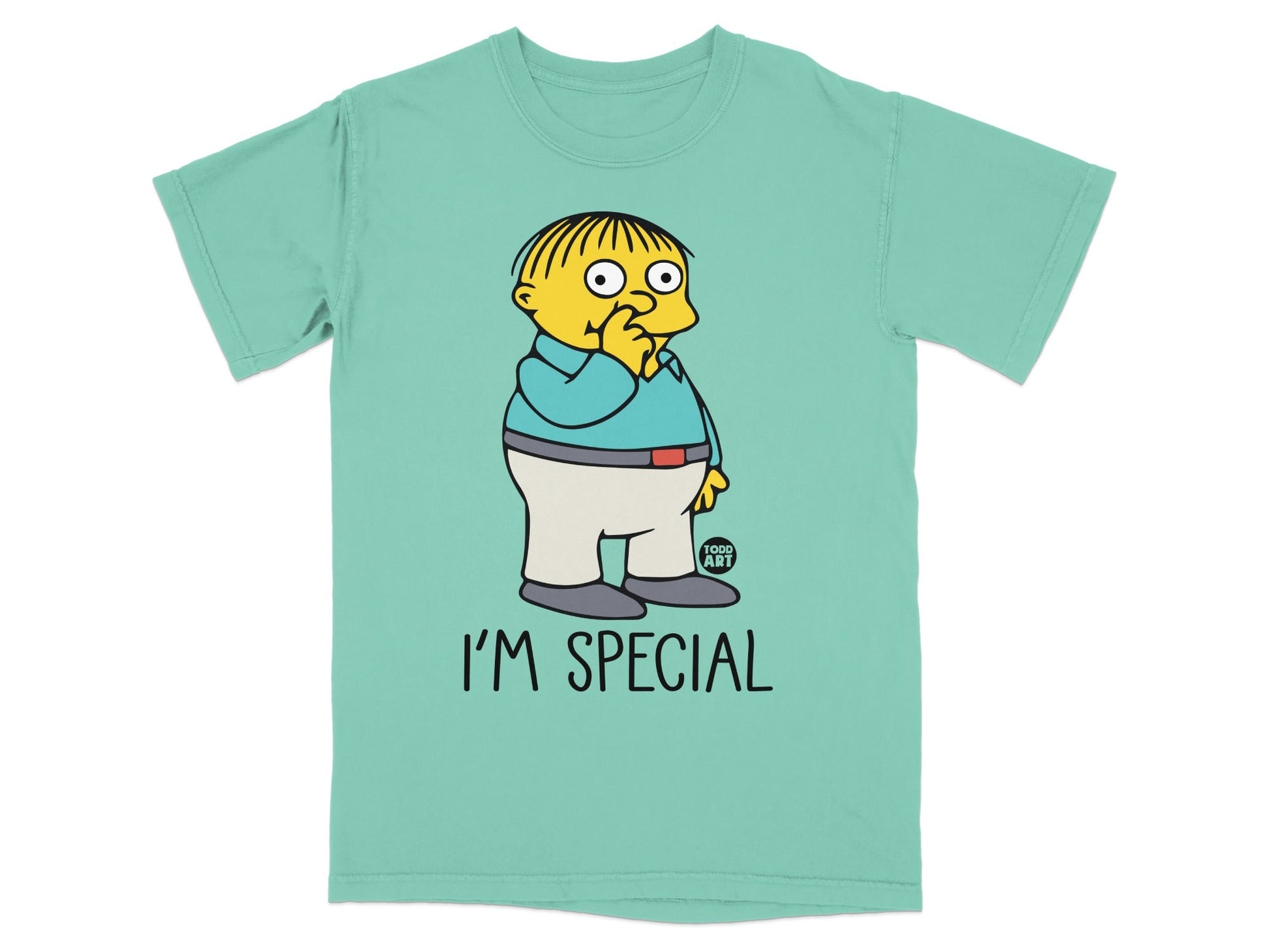 Mint green t-shirt with Ralph Wiggum saying "I'M SPECIAL."