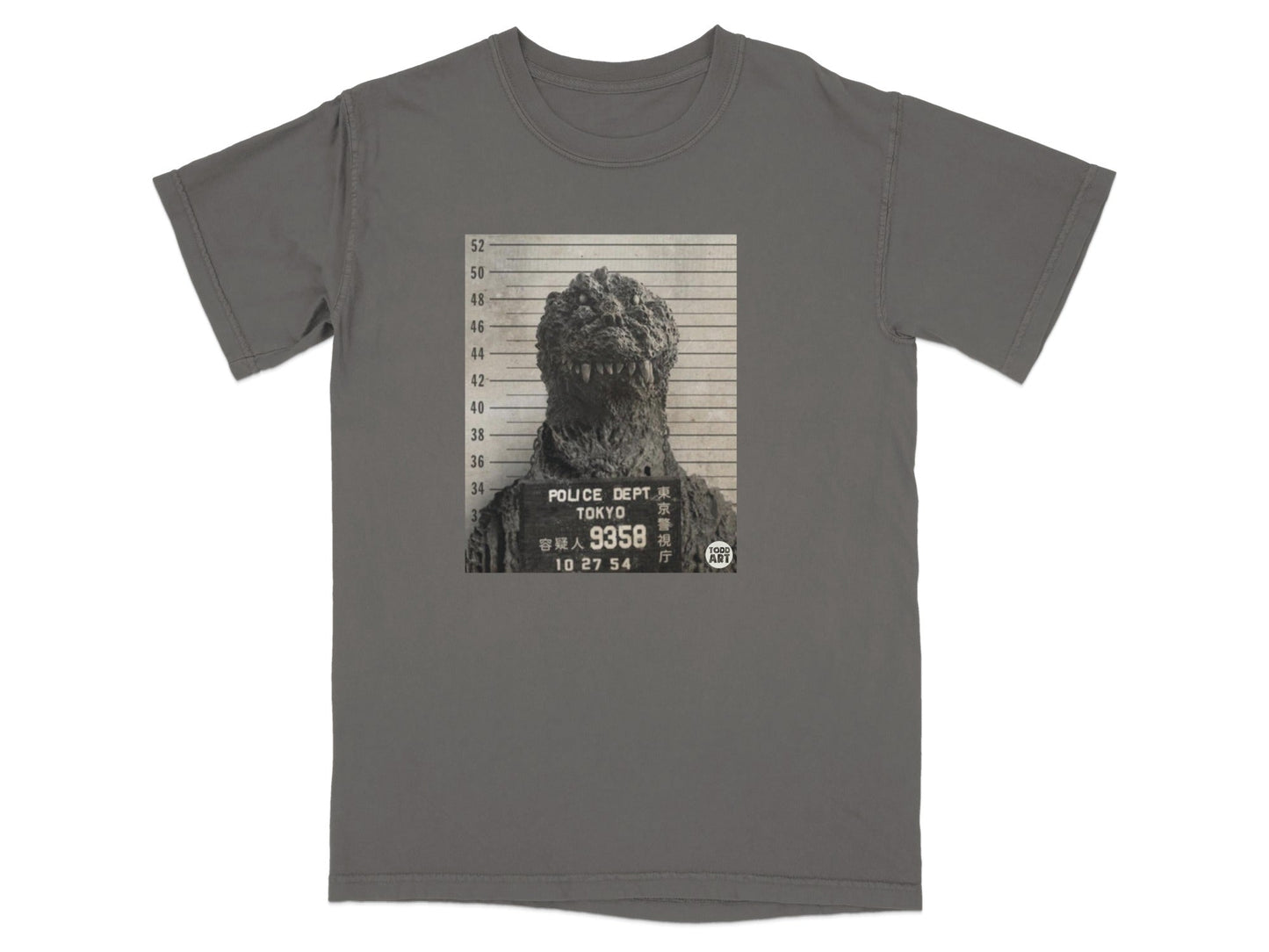Godzilla mugshot with Tokyo Police Dept. text and barcode.