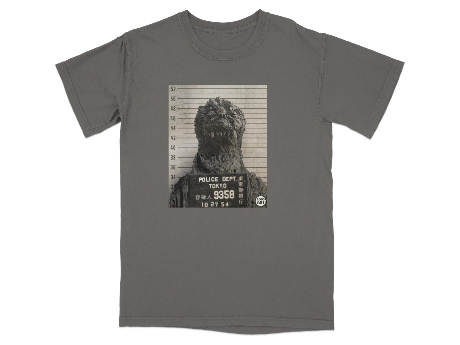 Godzilla mugshot with Tokyo Police Dept. text and barcode.