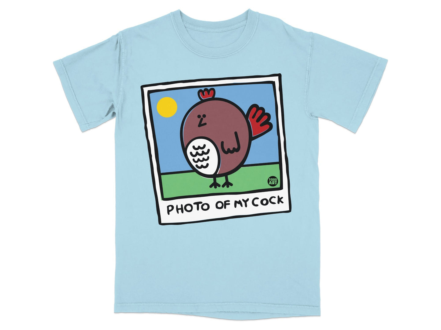 Light blue t-shirt with a cartoon bird and "PHOTO OF MY COCK" text.