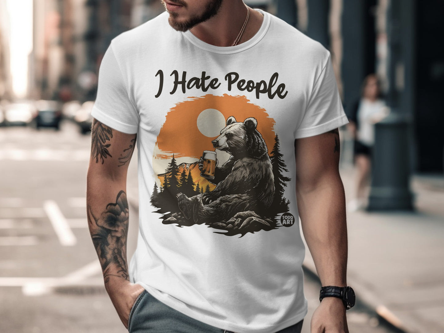 I Hate People Bear With Beer T-Shirt Casual Apparel
