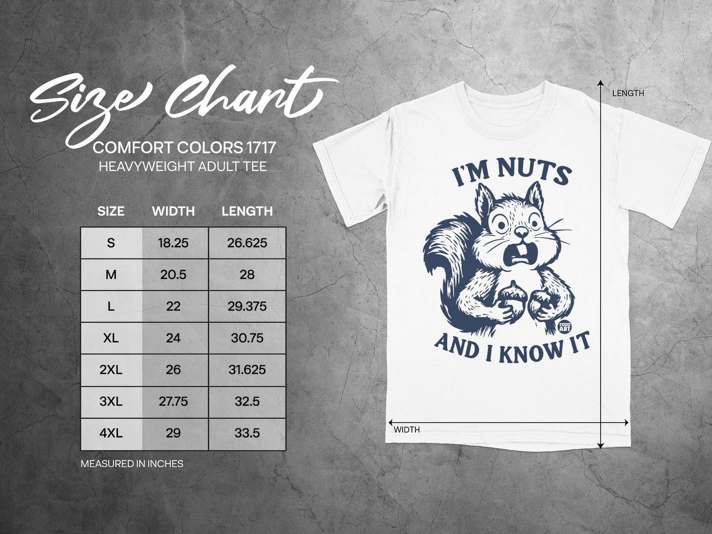 Comfort Colors 1717 size chart with graphic of a squirrel saying "I'm Nuts and I Know It."