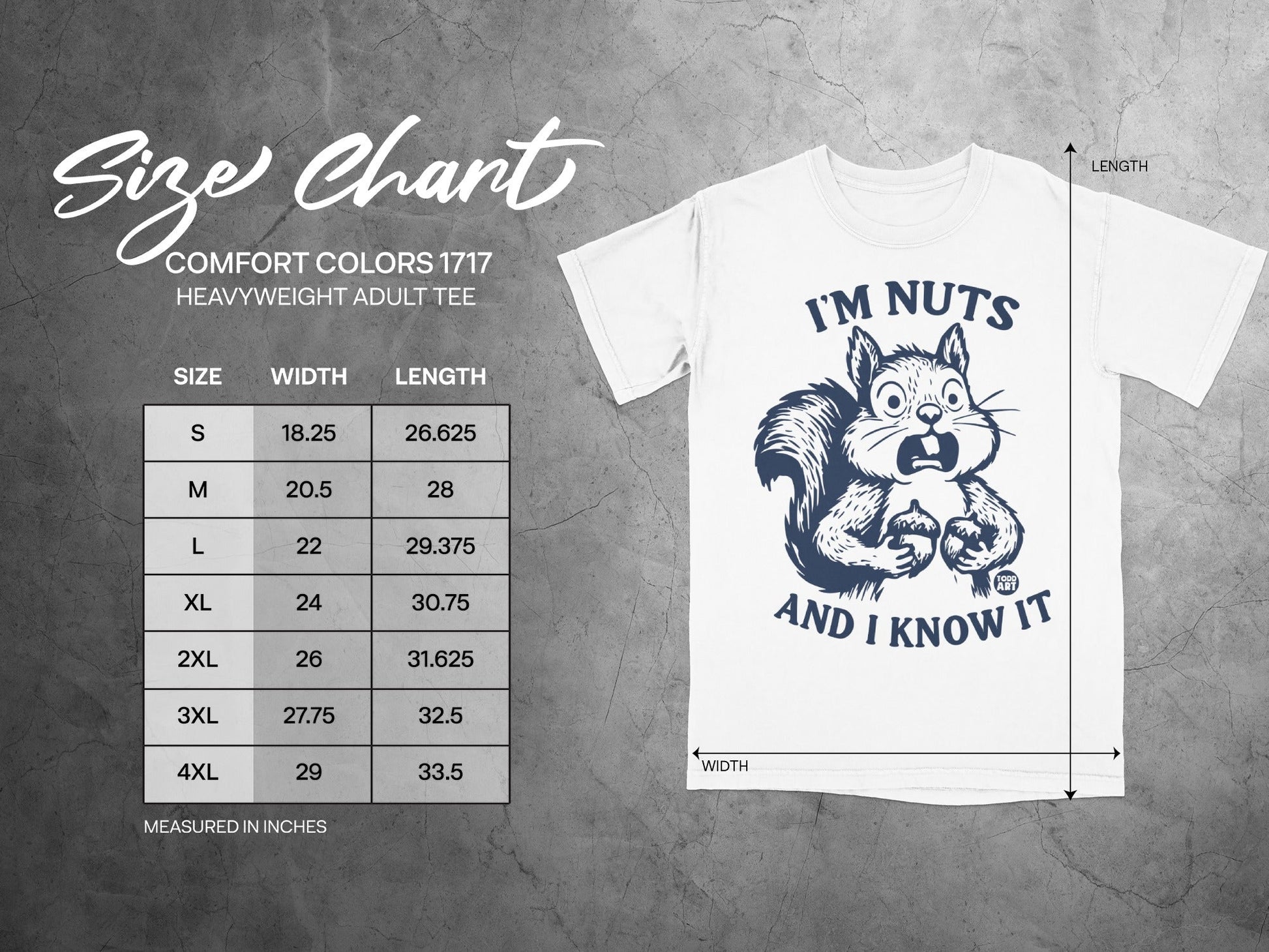 Comfort Colors 1717 size chart with graphic of a squirrel saying "I'm Nuts and I Know It."